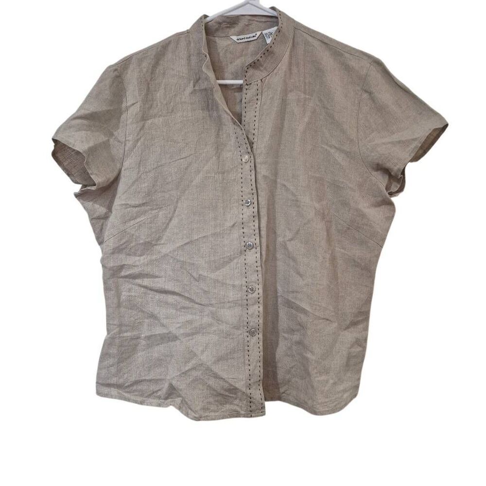 Richard Malcolm Women's Tan Linen Button Down Short Sleeve Top
